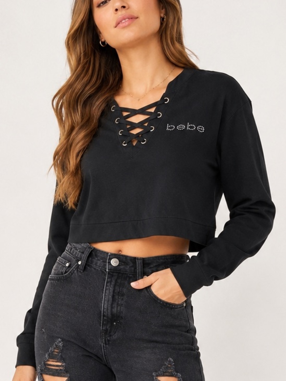 Bebe Black Lace-Up Crop Top Size Small Y2K Bling